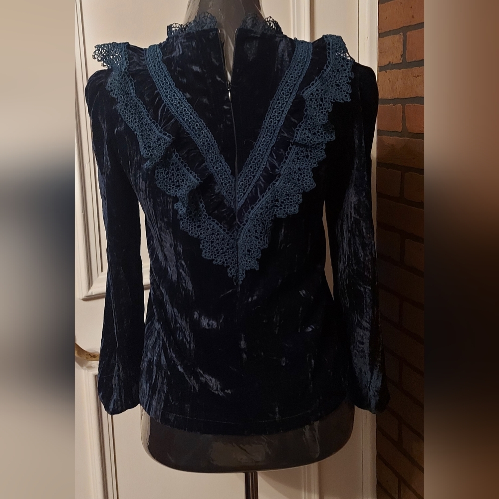 Crushed Velvet Lace Blouse Green Teal XS High Neck - Picture 3 of 13